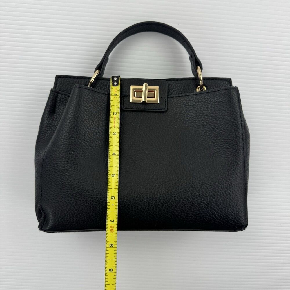 Black Faux Leather Top Handle Crossbody Bag Gold Turn Lock Purse - Picture 5 of 10